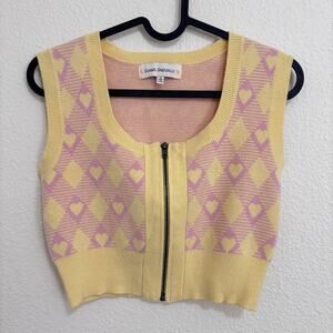 Sweet Republic Yellow Pink Argyle Knit Sweater Vest Zip Front Y2K Preppy Size-S